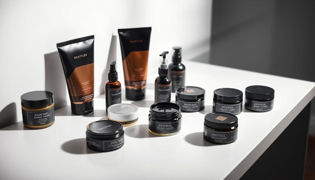 A well-lit studio scene featuring an assortment of men's textured hairstyle products, including waxes, pomades, and clays, neatly arranged on a sleek, minimalist table. The products are showcased against a neutral background, allowing their textures and packaging to be the focal point. Crisp, directional lighting accentuates the details and shadows, creating a sense of depth and dimensionality. The overall mood is clean, modern, and aspirational, reflecting the polished, stylish aesthetic of the French Crop Low Fade haircut.