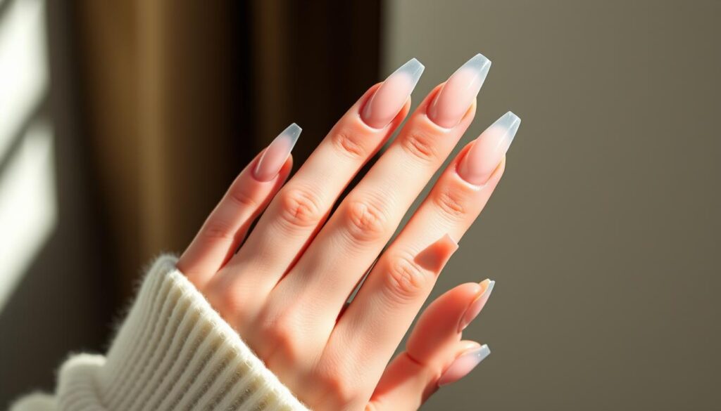 A well-manicured hand elegantly displays an array of sharp, stiletto-shaped nails in a chic, personal style. The nails are captured in a close-up view, showcasing their striking geometric shape and precise grooming. Soft, natural lighting casts subtle shadows, accentuating the contours and length of the nails. The background is slightly blurred, keeping the focus on the nails and their transformative impact on the overall look. The mood is one of refined sophistication, highlighting the power of nail shape to elevate and personalize one's style.