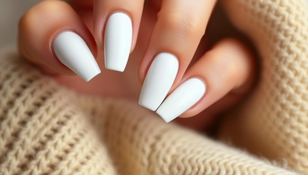 A well-manicured hand with pristine coffin-shaped nails, painted in a crisp, opulent white hue. The nails are meticulously groomed, with cuticles neatly trimmed and a high-gloss shine. The lighting is soft and diffused, casting a gentle glow on the nails, highlighting their elegant shape and flawless application. The background is a harmonious blend of neutral tones, allowing the focal point of the nails to take center stage. The overall composition conveys a sense of refinement, attention to detail, and the importance of maintaining the perfect coffin white nail look.