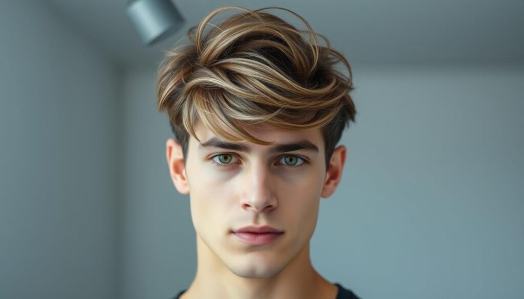 A well-styled mod cut male hairstyle with textured layers and defined edges. The subject stands in a modern, minimalist studio setting with soft, diffused lighting from overhead. The hair has a natural, effortless look with subtle volume and movement. The model's facial features are partially obscured, directing focus to the stylish haircut. The overall mood is sophisticated and on-trend, showcasing the versatility and appeal of the mod cut hairstyle.