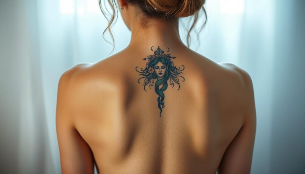 A woman's back gently illuminated by soft, diffused lighting, revealing a detailed, intricate tattoo design. The tattoo is the focal point, showcasing vibrant colors and delicate linework. The background is blurred, creating a serene, meditative atmosphere, emphasizing the beauty and care of the tattoo. The woman's posture is relaxed, conveying a sense of self-care and maintenance. The image captures the essence of a well-cared-for back tattoo, inspiring viewers to appreciate the artistry and dedication required to keep such a body art piece in pristine condition.