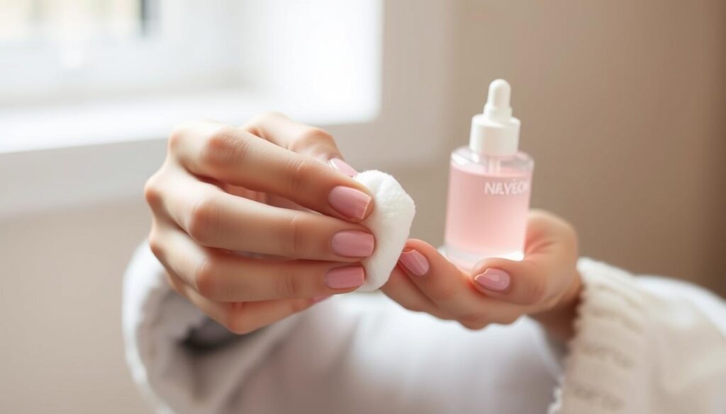 A woman's hands gently removing pearl pink nail polish using a cotton ball and nail polish remover solution. The scene is well-lit, with soft, even lighting from a natural source like a window. The hands are in the foreground, with a neutral, out-of-focus background to draw the viewer's attention. The movement and texture of the cotton ball and the gradual disappearance of the nail polish are captured in a clean, uncluttered composition. The overall mood is one of precision, care, and attention to detail, reflecting the delicate process of nail polish removal.