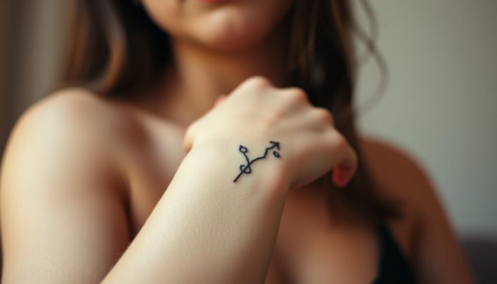 A woman's wrist, delicately adorned with a subtle, intricate tattoo design. The skin is smooth and youthful, the tattoo a work of art that catches the eye without overpowering. The lighting is soft and flattering, creating a warm, inviting atmosphere. The angle is close-up, highlighting the intricate lines and details of the tattoo. The background is blurred, keeping the focus on the wrist and the meaningful, personal expression of the tattoo design. The overall mood is one of personal style, quiet confidence, and the beauty of personal expression through body art.