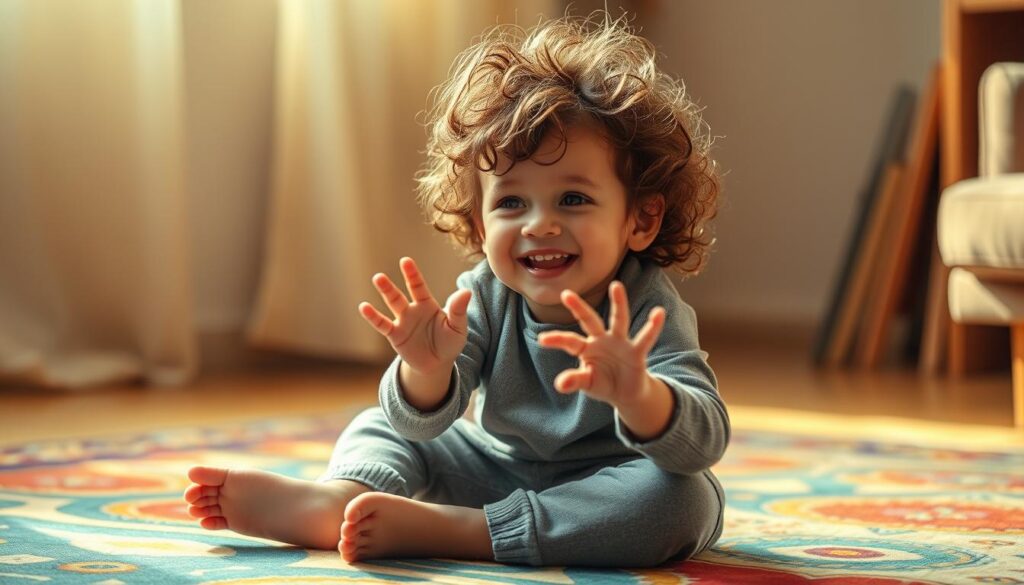 A young toddler boy, with a mop of unruly brown curls, sits cross-legged on a vibrant, patterned rug, his expression one of pure, unadulterated joy. Diffused, golden-hued natural light filters in from a nearby window, casting a warm, ethereal glow over the scene. The boy's small, chubby hands gesture animatedly as he engages in imaginative play, his face alight with a sense of carefree wonder. The overall mood is one of whimsical, youthful self-expression, capturing the essence of a toddler's unique hairstyle and their innate ability to find delight in the simplest of moments.