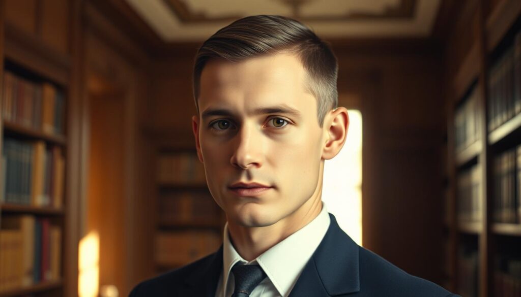 An elegant, formal portrait of a distinguished Ivy League gentleman from history, his short, neatly-trimmed crew cut hairstyle framed by a crisp white shirt and navy blue blazer. The background is a warm, sepia-toned library, bookshelves lining the walls, a touch of sunlight streaming through a window, casting a soft glow. The subject's expression is one of quiet confidence, embodying the tradition and prestige of the Ivy League aesthetic. Captured with a vintage film lens, the image conveys a sense of timeless sophistication.