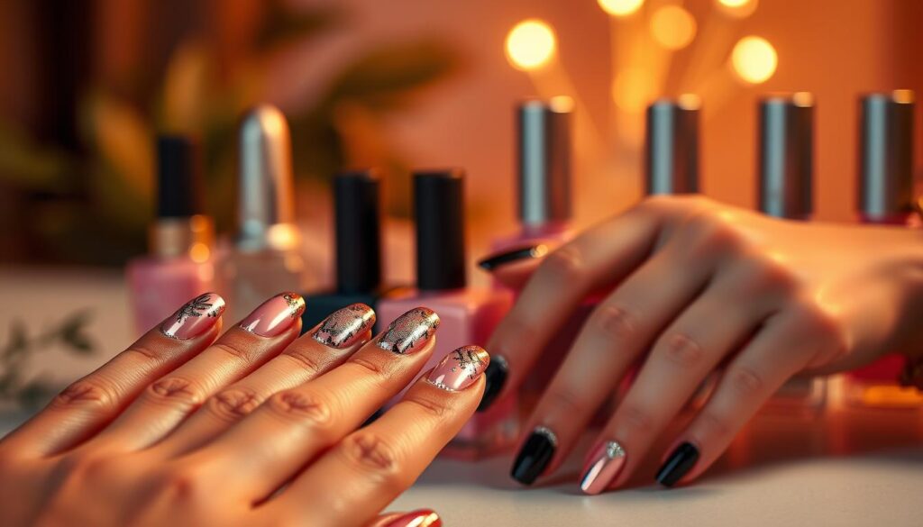 An elegant seasonal nail art display featuring delicate pink and black chrome nail designs. In the foreground, a close-up view of well-manicured hands showcases intricate patterns and gleaming metallic accents. The middle ground presents a selection of complementary nail polish bottles in shades of pink and black, artfully arranged against a soft, blurred background. Warm, indirect lighting casts a gentle glow, highlighting the lustrous chrome finishes and creating a captivating, high-fashion aesthetic. The overall composition conveys a sense of refined sophistication and on-trend style, perfectly suited to the "Seasonal Trends for Pink and Black Chrome" section of the article.