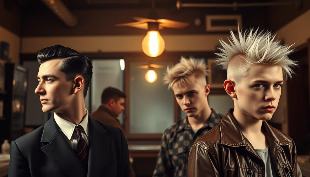 An evolution of the working-class hairstyle, from the slicked-back pompadour of the 1940s to the rebellious punk spikes of the 1970s. A mid-20th century setting, with a dimly lit barbershop in the background, the warm glow of a single incandescent bulb casting shadows on the faces of the patrons. In the foreground, a series of portraits capturing the changing styles - a man in a crisp suit, his hair neatly parted and combed, followed by a young rebel with a shock of bleached hair standing defiantly, the cultural shift palpable in their expressions and grooming choices. This visual timeline explores the historical origins and cultural significance of the iconic "Hitler haircut", a style that transcended its origins to become a symbol of both conformity and counterculture.