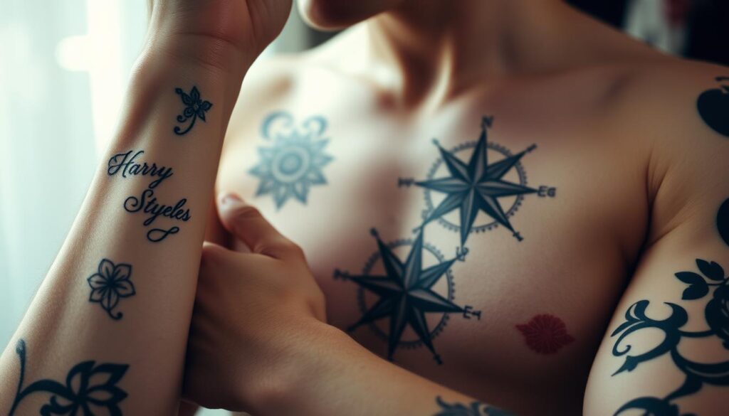 An exquisite close-up of Harry Styles' intricately designed tattoos, capturing the essence of his personal style. The foreground features an intricate script tattoo on his wrist, complemented by a delicate floral design on his inner arm. The middle ground showcases a bold compass rose on his chest, its lines crisp and sharp. In the background, a faint glimpse of additional tattoos, perhaps a bird or a ship, creates a layered and visually captivating composition. The lighting is soft and diffused, highlighting the textures and details of the ink on his skin. The overall mood is one of thoughtful contemplation, inviting the viewer to explore the symbolic meanings and personal significance behind each of Harry's unique tattoo designs.