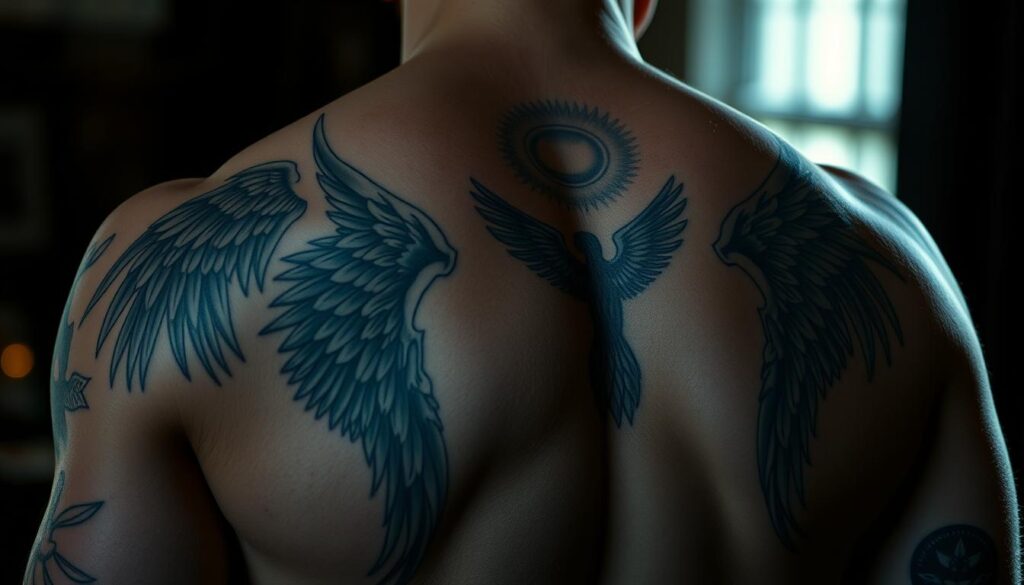 An intimate, artistic depiction of male angel tattoo placement ideas, featuring detailed, life-like renderings of various tattoo designs intricately inked onto the muscular torso, shoulder, and back of a shirtless male figure. The scene is illuminated by soft, directional lighting that accentuates the contours of the body and the intricate linework and shading of the tattoos. The tattoos depict angelic motifs such as wings, halos, and celestial elements, showcasing the symbolic and spiritual nature of these meaningful body art pieces. The overall mood is one of reverence, contemplation, and the divine masculine.