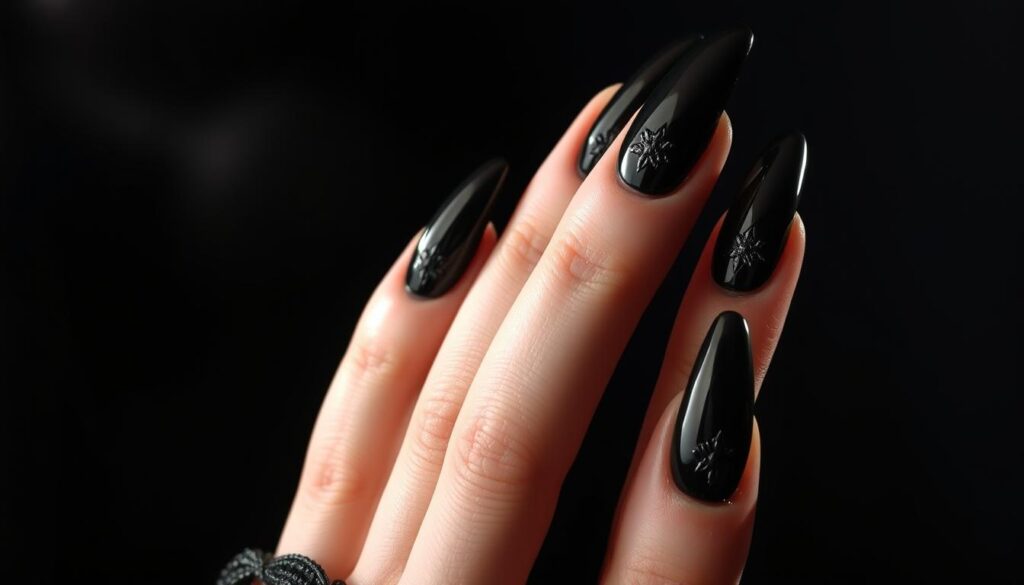 Captivating gothic black stiletto nails, precision-crafted with attention to detail. Dramatic tapered tips, gleaming onyx polish, and intricate designs adorning the nail beds. Backlit by a moody, dramatic lighting setup, casting long, sultry shadows. Presented against a dark, atmospheric background that heightens the allure and mystery. Captured with a shallow depth of field, drawing the eye to the sculptural form and textural elements. This image encapsulates the essence of the "Techniques for Achieving the Perfect Stiletto Shape" section, offering a visually compelling representation of the subject matter.