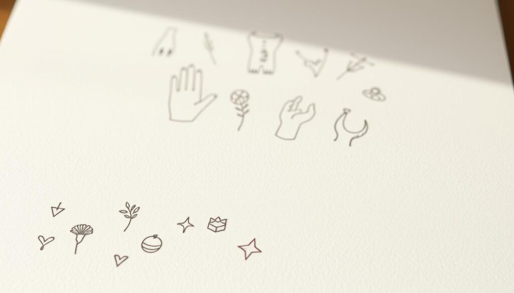 Charming minimalist tattoo designs with delicate linework and whimsical motifs, rendered in a soft, organic style with a pastel color palette. The foreground features a collection of small, artfully-arranged tattoo sketches, including simple line drawings of botanical elements, geometric shapes, and abstract symbols. The middle ground showcases a selection of diverse tattoo placements, from the wrist to the behind-the-ear, creating a personalized and intimate feel. The background is subtly textured, evoking the sense of a sketchbook or artist's journal, with a hazy, dreamlike quality that enhances the charm and creativity of the designs. Lighting is soft and diffused, casting a gentle, flattering glow on the tattoo concepts.
