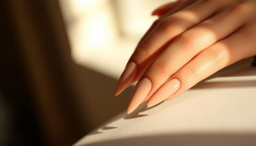 Classy stiletto nails in a warm, natural lighting. Elegant, glossy nude polish with a flawless finish. Angled view showcasing the sharp, tapered tips and the graceful, elongated shape. Soft focus on the nails, with a blurred, out-of-focus background to emphasize the subject. Subtle, high-key lighting from the side, casting gentle shadows to accentuate the nails' contours. Serene, sophisticated atmosphere with a touch of glamour, perfect for a DIY manicure tutorial.