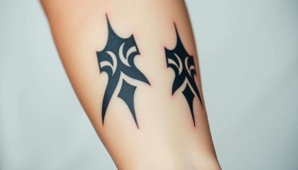 Close-up photograph of a person's forearm with freshly applied black tribal tattoos, positioned against a soft, blurred background. The tattoos are detailed with intricate, angular designs that stand out prominently against the natural skin tone. The lighting is even and diffused, highlighting the three-dimensional quality of the tattoos. The focus is sharp on the tattoo details, with a shallow depth of field that subtly blurs the surrounding skin. The image conveys a sense of the delicate aftercare process required to maintain the bold, rich black ink of these unique tattoos.