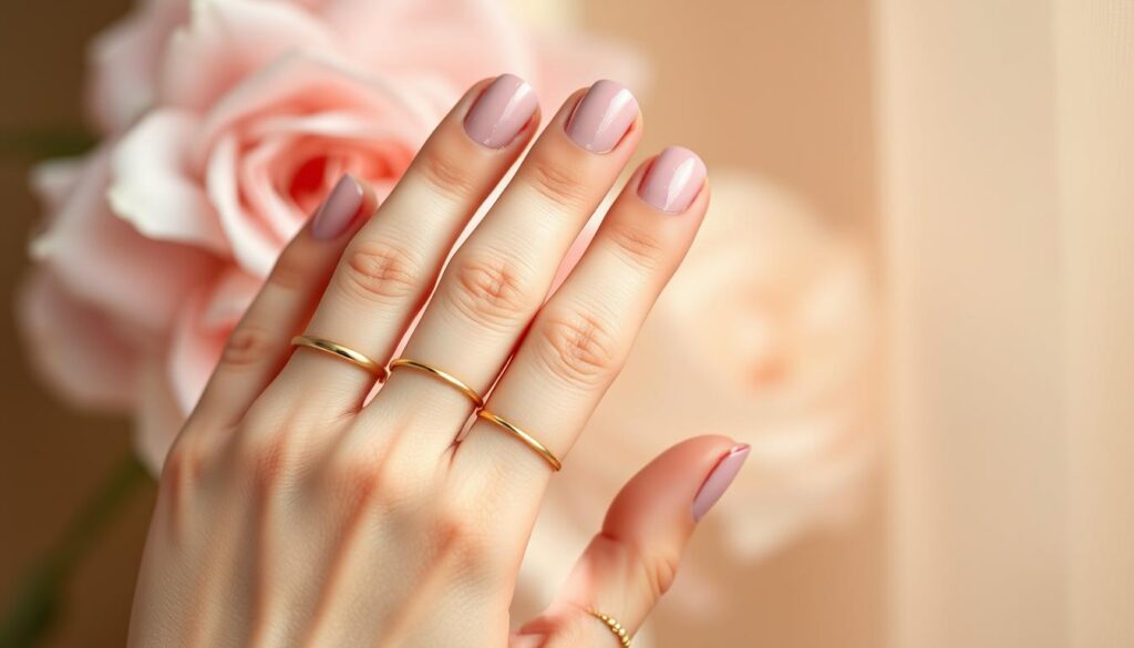 Close-up shot of a feminine hand with delicate, perfectly manicured blush pink nails against a soft, romantic background. The nails feature a subtle, shimmery finish that catches the gentle, warm lighting, creating a radiant, bridal-inspired look. The hand is adorned with a few dainty gold rings, complementing the dreamy, elegant aesthetic. The composition emphasizes the graceful, polished appearance of the nails, with a shallow depth of field that gently blurs the surrounding elements, keeping the focus on the beautiful, blush-toned manicure.