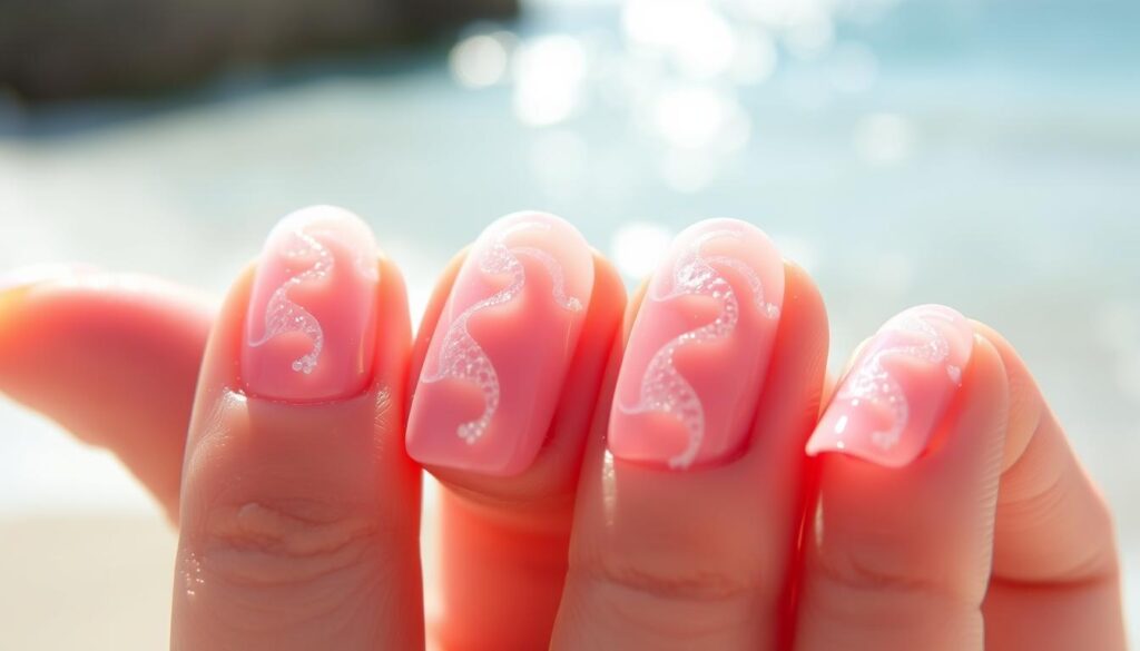Delicate beach pink nails with intricate wave designs, glistening in the warm sunlight. Soft pastel hues cascade across the fingertips, evoking the tranquil ocean breeze. Subtle iridescent accents shimmer like sea foam, while wispy brushstrokes mimic the gentle ebb and flow of the tide. Captured in a close-up, high-resolution photograph with a shallow depth of field, the nails are the focal point, drawing the viewer into the serene, coastal ambiance.
