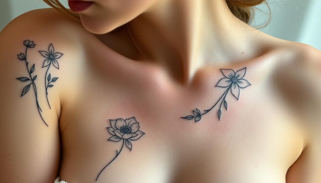 Delicate feminine tattoo designs with intricate floral motifs, graceful linework, and subtle shading. A whimsical composition showcasing the beauty and uniqueness of each tattoo. Soft, diffused lighting highlights the intricate details, creating an ethereal, mystical atmosphere. The tattoos are thoughtfully placed on the model's skin, accentuating the natural curves of the body. The overall aesthetic evokes a sense of elegance, individuality, and personal expression.