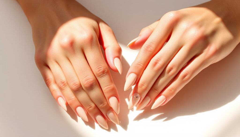 Delicate, neutral-toned stiletto nails, their sharp tips gleaming under warm, natural lighting. Manicured hands resting against a clean, minimalist background, showcasing the perfect DIY neutral stiletto look. Subtle nail art, such as a single line or dot, adds a touch of elegance. Soft shadows and highlights accentuate the shape and length of the nails. The overall mood is one of refined simplicity, capturing the essence of the "Neutral Stiletto Nails: The Perfect Minimalist Look" aesthetic.