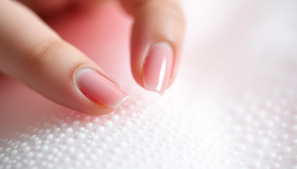 Delicate, perfectly manicured pink nails set against a soft, diffused background. The nails are meticulously shaped, with a subtle sheen that catches the light just so. Captured in a close-up, high-resolution shot using a macro lens, the image showcases the intricate details of the nail bed and cuticles. The lighting is gentle and flattering, creating a serene, spa-like atmosphere. The overall tone is refined, feminine, and on-trend, highlighting the beauty and care that goes into maintaining beautiful pink nails.