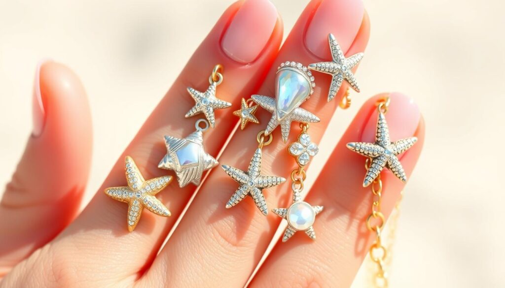 Delicate pink beach nails with a sparkling array of accessories: shimmering seashell charms, iridescent starfish clips, and gleaming gold chains. Capture the essence of sun-kissed glamour in a close-up, softly lit frame, showcasing the intricate details and reflective surfaces. Convey a sense of effortless elegance, as if these coastal-inspired embellishments were casually adorning the fingers of a sun-kissed beachgoer. The image should evoke a mood of relaxation and carefree summer style, inviting the viewer to imagine themselves indulging in a luxurious beach day.