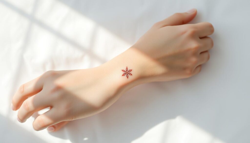 Delicate wrist tattoos, meticulously cared for, resting against a soft, pale skin canvas. Intricate linework and subtle shading, the design flowing gracefully along the contours of the wrist. Skin gently moisturized, the tattoo vibrant yet subtly blended, reflecting the care and attention given during the healing process. Diffused natural light caresses the scene, casting a serene, ethereal glow. The image conveys a sense of tranquility, the wrist tattoo a beautiful, meaningful accessory accentuating the delicate beauty of the wearer's form.