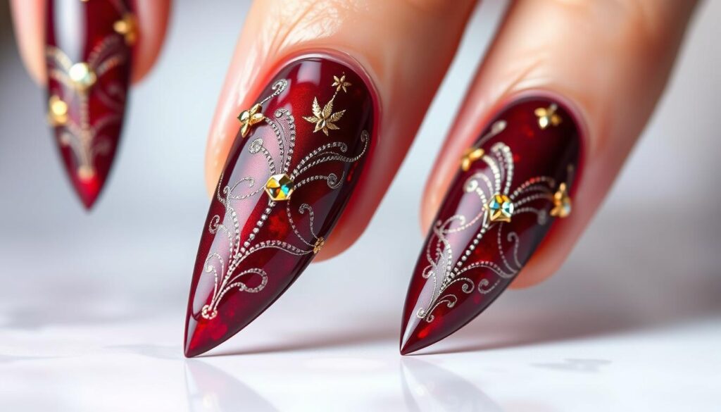Detailed 3D stiletto nail art design with intricate patterns and textures. Sharp stiletto nail tips in a deep burgundy color, with holographic chrome accents that catch the light. Delicate gold leaf and crystalline embellishments adorn the nails, creating a high-fashion, luxurious look. Nails are set against a softly blurred, pastel-toned background, with subtle highlights and shadows to accentuate the three-dimensional form. The overall image conveys a sense of elegance, refinement, and avant-garde style.