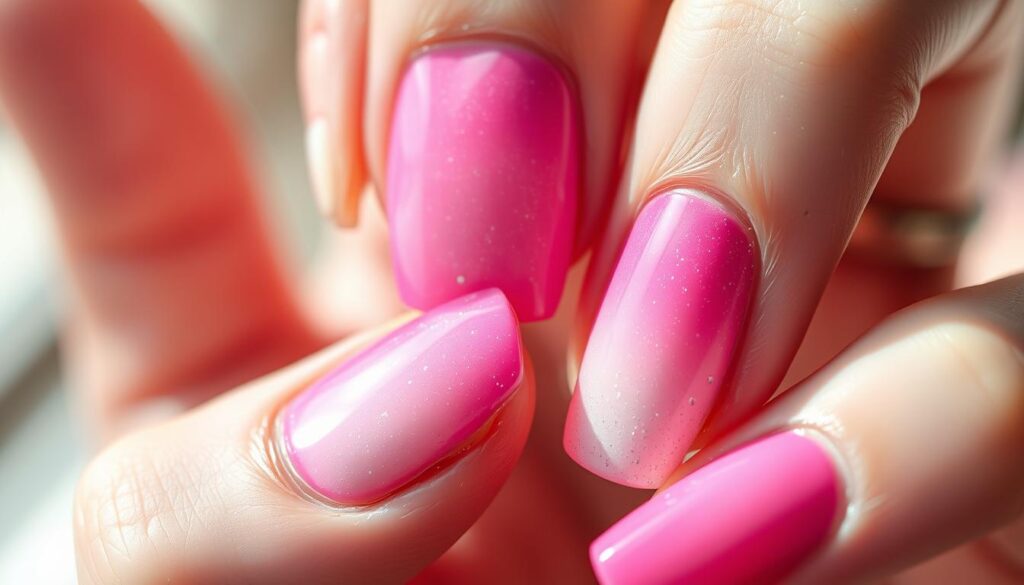 Detailed and vibrant pink ombre nail design with a soft gradient transitioning from a deep fuchsia at the base to a delicate pastel pink at the tips. Meticulously painted nails with a glossy, reflective finish, capturing the light beautifully. The design features subtle hints of silver glitter scattered across the surface, adding a sparkling, enchanting element. Captured in a close-up, high-resolution photograph with a shallow depth of field, placing the focus entirely on the intricate, visually captivating nail art. Warm, natural lighting creates a warm, inviting atmosphere, highlighting the multifaceted, modern elegance of this stunning pink ombre nail design.