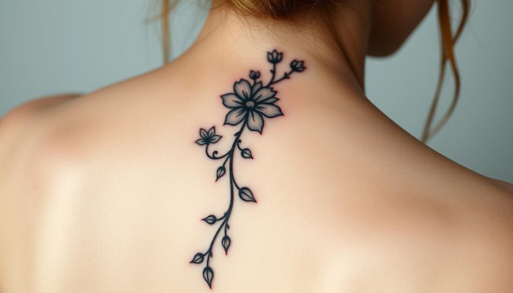 Detailed close-up of a freshly inked flower spine tattoo on pale skin, the intricate petals and vines gracefully trailing down the backbone. Soft, diffused lighting captures the delicate linework and subtle shading, creating a serene, naturalistic aesthetic. The tattoo is in the process of healing, with a light coating of fragrance-free moisturizer glistening on the tender skin. A sense of care and reverence permeates the scene, emphasizing the importance of proper aftercare for this beautiful, meaningful body art.