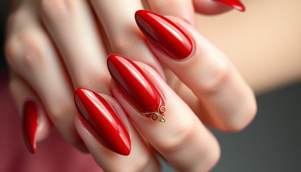 Detailed close-up of a hand with long, sleek stiletto nails in a bold, striking French tip design. The nails are painted in a lustrous, metallic scarlet red hue, creating a dramatic contrast against the pale skin. Intricate nail art adorns the tips, featuring delicate, swirling patterns in a shimmering gold leaf. Soft, diffused lighting casts gentle shadows, accentuating the sharp, tapered shape of the nails. The image is captured at a slight angle, providing an immersive, almost tactile perspective that showcases the refined craftsmanship and sophisticated elegance of the stiletto nail design.