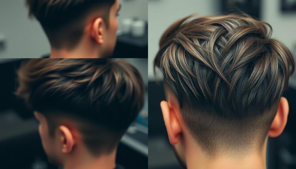 Detailed close-up of a low fade haircut from multiple angles, showcasing the gradual transition from short to longer hair. Illuminated by soft, directional lighting that accentuates the texture and volume. Crisp focus on the faded edges, with a seamless blend into the longer top section. The hairstyle has a modern, stylish appearance with a slight messy, undone finish. Captured with a shallow depth of field to isolate the subject and create a sense of depth. Neutral, muted color palette that emphasizes the intricate details of the low fade technique.