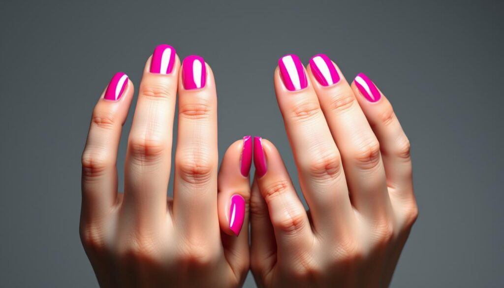 Detailed close-up of a set of well-manicured female hands with shiny chrome nail polish in a vibrant hot pink color. The nails have a mirror-like reflective finish that catches the light, creating dazzling highlights. The hands are posed in a natural, relaxed position against a clean, minimalist background to draw the viewer's focus to the nails. Soft, even lighting from an overhead source accentuates the curves and contours of the fingers, giving the chrome a sleek, high-end appearance. Capturing the trendy and eye-catching nature of this nail polish style.