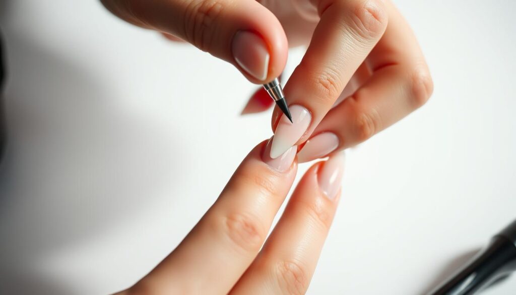 Detailed close-up shot of a hand carefully applying acrylic stiletto nails. Soft, diffused lighting illuminates the delicate application process, highlighting the intricate steps. The manicured fingers meticulously shape and sculpt the sharp, elongated nail tips, creating a sleek, high-fashion aesthetic. The background is a clean, minimalist setting, allowing the focus to remain on the precise nail application technique. Subtle shadows and reflections add depth and dimension to the image, conveying the skilled, artistic nature of the process. The overall mood is one of elegance, precision, and the transformative power of stiletto nails.