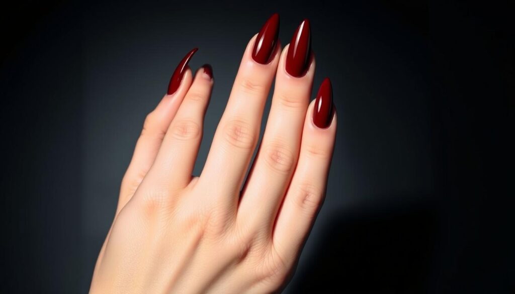 Detailed close-up shot of a hand elegantly displaying sharp, dark red stiletto nails against a smooth, shadowy background. The nails are glossy and perfectly manicured, tapering to a sleek, pointed tip. Soft, dramatic lighting accentuates the strong, confident lines of the nails, casting subtle shadows that add depth and dimension. The composition emphasizes the bold, eye-catching design of the nails, capturing their alluring and sophisticated aesthetic. An atmospheric, high-contrast setting that evokes a sense of modern, chic style.