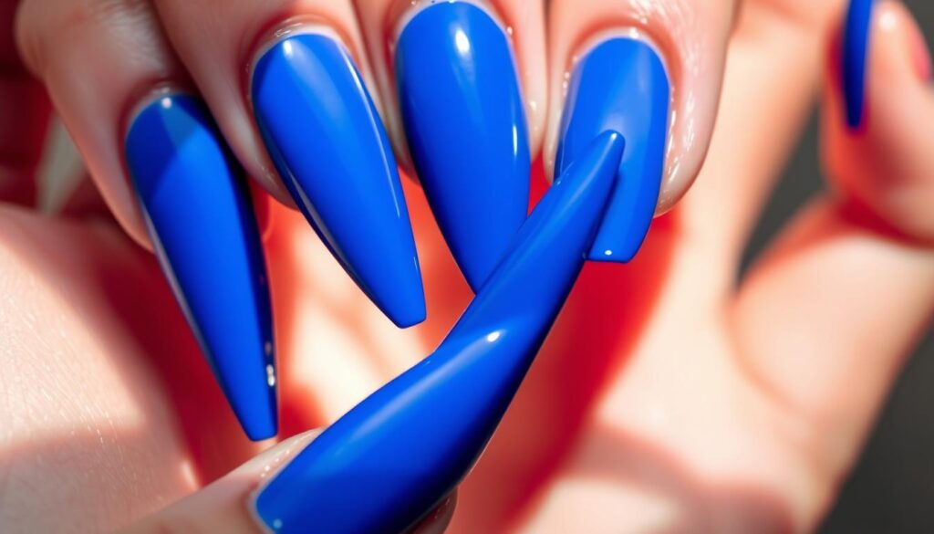 Detailed close-up shot of a hand gently removing royal blue stiletto nails. Soft, natural lighting casts a warm glow on the scene. The nails are long and sharp, with a glossy, reflective finish. The fingers delicately peel off each nail, revealing the natural nail bed underneath. The skin is smooth and unblemished, with a subtle hint of nail polish residue. The background is blurred, placing the focus entirely on the careful nail removal process. The overall mood is one of careful precision and attention to detail.