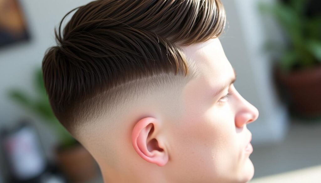 Detailed close-up shot of a stylish crew cut low fade hairstyle, captured with a high-resolution lens in natural lighting. The sides are neatly trimmed to a tight fade, gradually transitioning into the longer hair on top, which is styled with a slight textured definition. The hair has a glossy, healthy sheen, and the overall look conveys a polished, well-groomed appearance. The image should showcase the intricate layers and precision of the cut, highlighting the key characteristics of the crew cut low fade style.