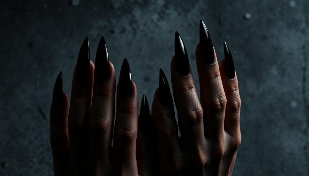 Detailed close-up shot of gothic black stiletto nails, perfectly manicured and shining in dramatic low-key lighting. The nails are long, sharp, and painted with a deep, inky black lacquer that reflects the light like mirrors. The hands are positioned against a moody, textured backdrop with hints of dark, moody grays and blacks in the background, creating a somber, dramatic atmosphere. The lighting is directed to accentuate the sharp, pointed tips of the nails, casting dramatic shadows and highlights that emphasize their striking, almost predatory appearance. The overall mood is one of elegance, mystery, and a touch of danger.