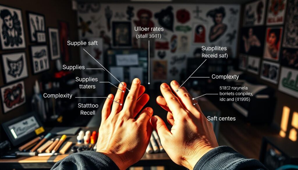 Detailed illustration of factors influencing tattoo costs: Close-up view of tattoo artist's hands outlining costs for a client, including supplies, hourly rates, complexity, and size. Mid-ground shows a selection of tattoo equipment, inks, and stencils. Background features a tattoo studio interior with artistic tattoo designs on the walls, creating a professional, high-quality atmosphere. Natural lighting casts warm, soft shadows, reflecting the care and expertise required for quality tattoo work.