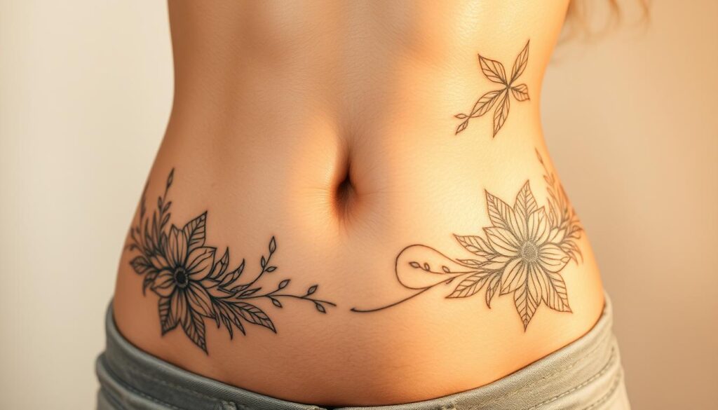 Detailed tattoo designs covering the scars from a tummy tuck procedure, presented against a soft, subtle background. The tattoos feature a harmonious blend of organic patterns, delicate floral motifs, and abstract elements that flow gracefully across the abdominal area. Warm, natural lighting accentuates the intricate linework and shading, creating a sense of depth and dimension. The overall composition exudes a serene, empowering aesthetic that celebrates the beauty of the body's transformation. Captured from a slightly elevated angle to showcase the tattoos in an inviting, confident manner.