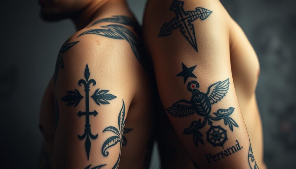 Dramatic close-up of two unique brother tattoos, showcasing intricate designs and complementary styles. The tattoos are prominently displayed against a softly blurred, moody background, with subtle lighting accentuating the textures and details. The designs incorporate symbolic elements and personal motifs that represent the bond between the brothers. The overall composition evokes a sense of unity, individuality, and the meaningful connection between the siblings.