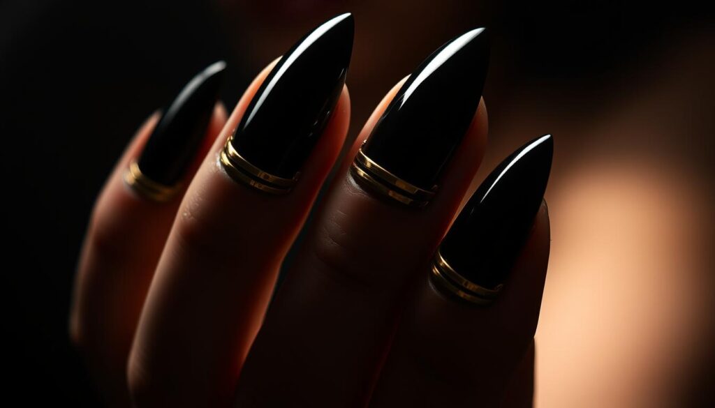 Dramatic dark stiletto nails with metallic gold accents, captured in high-resolution close-up. Sleek, shiny talons cast in deep onyx, with elegant linear gold embellishments running along the nail beds. Dramatic lighting casts dramatic shadows, emphasizing the sharp, tapered tips. A moody, glamorous aesthetic, captured with a shallow depth of field for a high-fashion editorial feel. Convey the luxurious, sophisticated elegance of the subject.