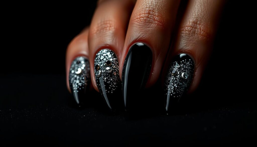 Elegant black stiletto nails adorned with shimmering glitter and sparkling rhinestones, casting a captivating glow under dramatic studio lighting. The nails are expertly manicured, each one a work of art, with a sleek, high-gloss finish that reflects the light beautifully. The composition showcases the nails in a close-up, high-resolution shot, emphasizing the intricate details and luxurious texture. The background is a seamless, velvety black, allowing the dazzling nails to take center stage and emanate a sense of opulence and glamour.