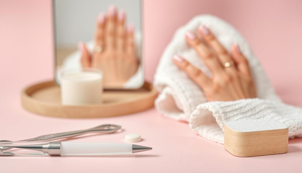 Elegant nail care vignette on a pale pink background. In the foreground, an array of nail care essentials - a glass nail file, cuticle nippers, a wooden cuticle pusher, and a nail buffer block. Soft, diffused lighting casts a warm glow. In the middle ground, a delicate hand in a white cotton towel, nails freshly manicured in a soft pink hue. In the background, a blurred reflection of the manicured hand in a mirror, conveying a sense of self-care and beauty ritual. The overall mood is serene, calming, and feminine.