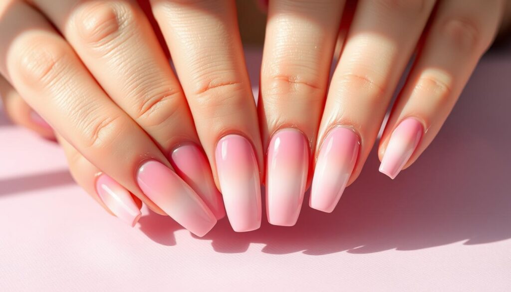 Elegant pink ombre nails, perfectly manicured, with a gradient of soft, pastel hues transitioning from light to dark. The nails are shot in a close-up, high-resolution view, capturing the intricate details and the smooth, glossy finish. Soft, natural lighting illuminates the nails, creating a warm, inviting atmosphere. The composition places the nails at the center, framed by a clean, minimalist background that allows the vibrant colors to stand out. The overall mood is one of sophistication, femininity, and a touch of playfulness, reflecting the captivating beauty of the pink ombre nail design.