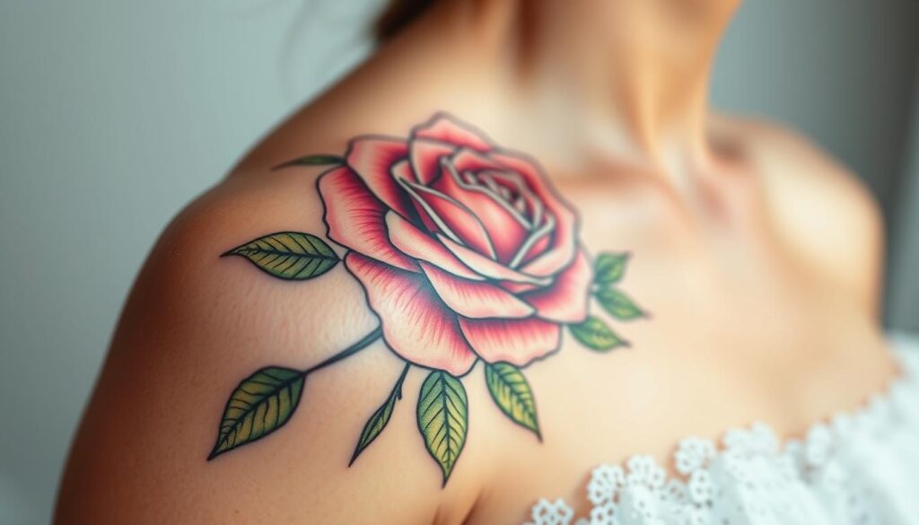 Elegant rose tattoo designs for women, delicate and intricate floral artwork, adorning the skin with graceful petals and lush greenery. A detailed close-up view, captured in a soft, natural lighting, showcasing the exquisite linework, vibrant colors, and realistic texture of the rose design. The tattoo is positioned on the forearm or shoulder, allowing the beauty of the design to be prominently displayed. An air of sophistication and femininity pervades the scene, reflecting the rising popularity of rose tattoos as a symbol of beauty, strength, and personal expression for modern women.