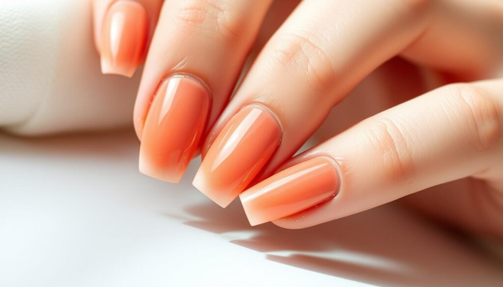 Elegant salmon-colored nails with a trendy, high-gloss finish, captured in a soft, natural light. The nails are freshly manicured, showcasing clean cuticles and a precise shape. The color subtly transitions from a pale peach at the base to a rich, warm salmon towards the tips. A hint of sparkle adds a touch of glamour, catching the light and creating a mesmerizing shimmer. The composition places the nails in the center, slightly angled to highlight their natural beauty. The background is blurred, creating a serene, minimalist setting that allows the nails to be the focal point.