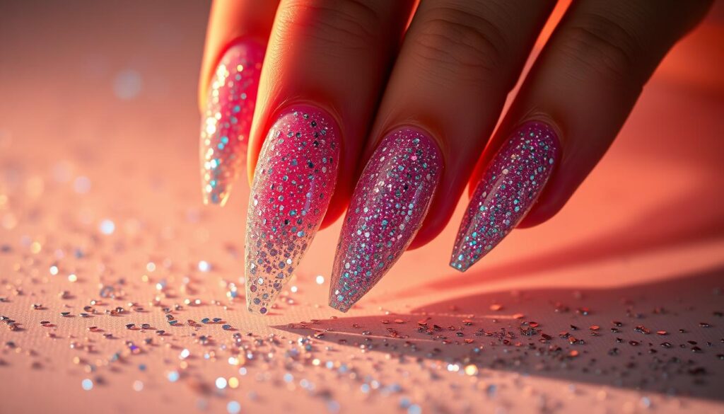 Elegant stiletto nails glistening with scattered holographic glitter, illuminated by warm, soft lighting that casts a radiant glow. The manicured nails are sleek, sharp, and meticulously shaped, creating a captivating, high-fashion aesthetic. Captured from a slightly elevated angle, showcasing the alluring shine and reflective quality of the glitter particles. A sophisticated, glamorous, and eye-catching presentation of the stylish stiletto glitter nail trend.
