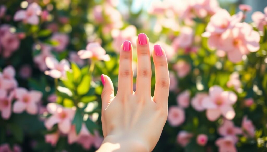 Exquisite manicured nails in a radiant pink hue, perfectly capturing the essence of a sun-drenched summer day. Delicate, feminine fingers gracefully extending against a soft, out-of-focus background of lush greenery and pastel blooms. Sunlight gently caresses the glossy nail polish, creating a warm, luminous glow. The image is captured through a shallow depth of field, with a slight angle to emphasize the natural curve of the nails. The overall mood is one of effortless elegance, a subtle nod to the latest celebrity-inspired pink nail trends.