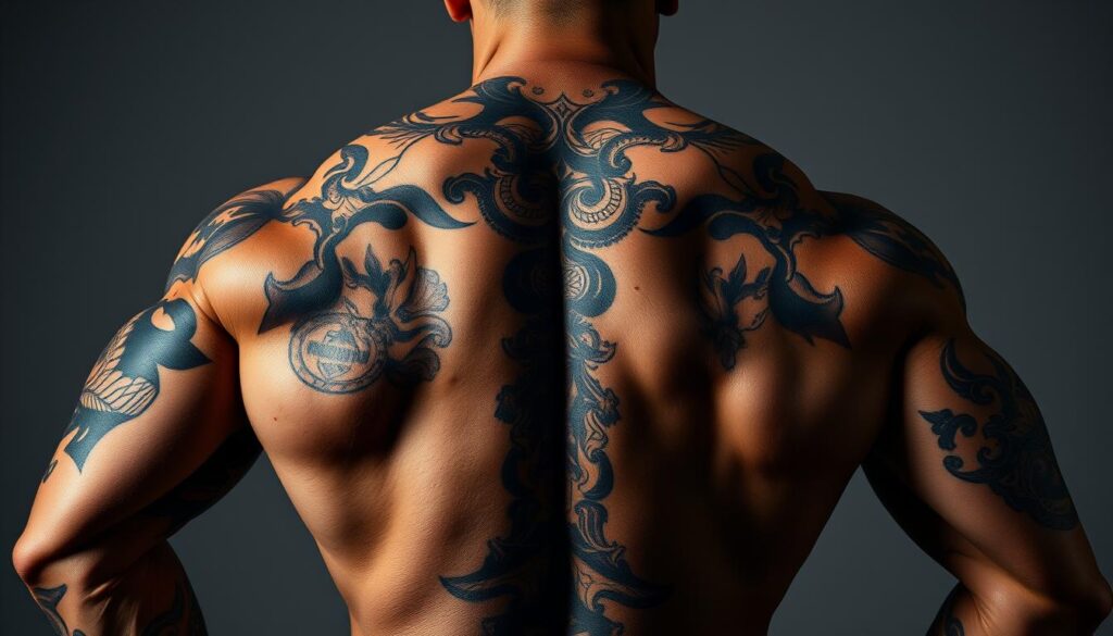 High-contrast, dramatic portrait of a muscular male torso and back, featuring an array of bold, intricate tattoo designs covering the upper back area. The tattoos should showcase a range of styles, from geometric patterns to photorealistic imagery, all rendered with precise detail and depth. Dramatic side lighting casts dynamic shadows, accentuating the sculpted musculature and the striking tattoo artwork. The subject's expression is stern and focused, conveying a sense of confidence and rugged masculinity. The background is minimalist, keeping the attention firmly on the impressive tattoo display across the man's broad, powerful back.