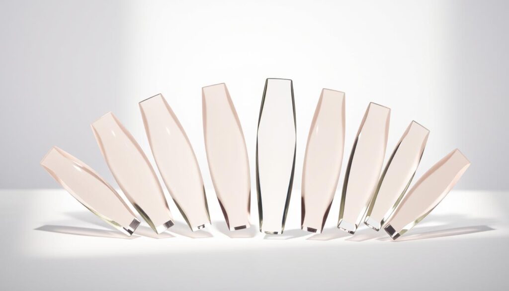 High-quality stiletto-shaped press-on nails arranged in a visually striking display. Captured in a soft, diffused natural lighting setup, the nails showcase their glossy, long-lasting finish and sharp, defined tips. The nails are elegantly presented against a clean, minimalist background, allowing their intricate details and alluring shape to take center stage. The composition emphasizes the nails' premium quality, elevating the viewer's perception of this essential beauty accessory. An atmospheric, high-end aesthetic that complements the article's focus on elevating one's look with the best stiletto press-on nail brands.