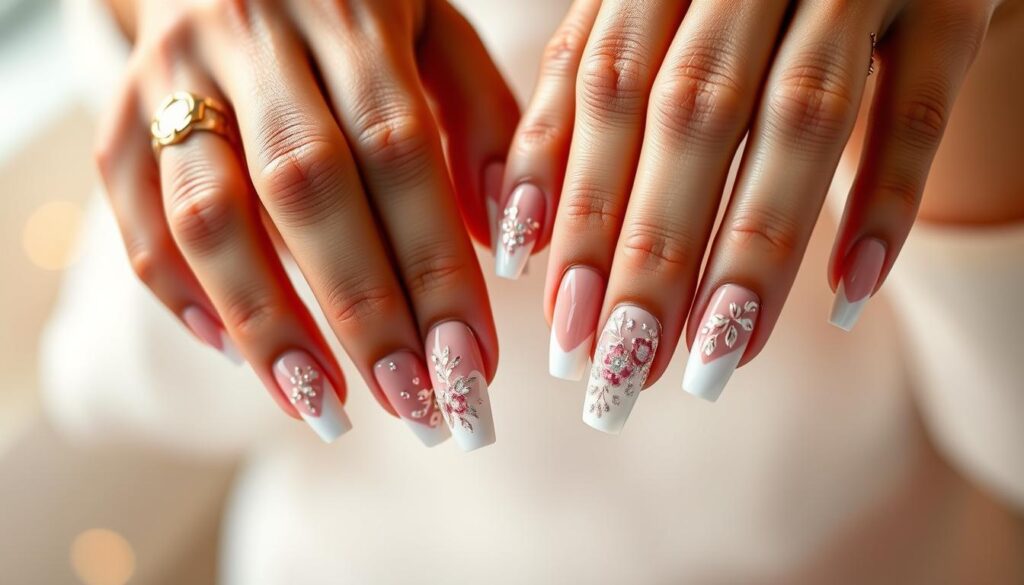 High-resolution, close-up photograph of celebrity hands with intricate pink and white French manicure nail art, set against a soft, out-of-focus background with a warm, glamorous lighting. The nails feature delicate, precise brushstrokes and shimmering effects, showcasing a range of artistic designs such as abstract patterns, floral motifs, and bold geometric shapes. The hands are positioned elegantly, with fingers slightly curved, capturing a sense of sophistication and beauty. The overall mood is one of luxurious, high-fashion elegance, reflecting the latest trends in celebrity nail art.