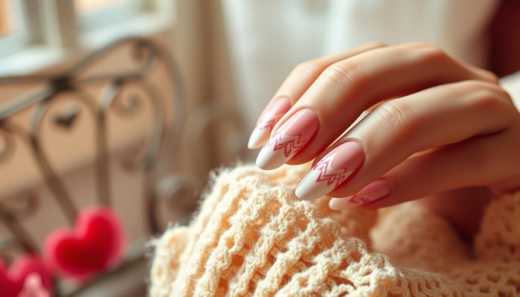 Highly detailed, hyper-realistic, high-resolution image of a French-inspired Valentine's Day manicure, featuring intricate nail art designs in soft pinks, reds, and whites. The nails are elegantly shaped, with a subtle matte finish. The image captures the nails from a close-up, medium-shot angle, with a focus on the delicate details and textures. The background is a soft, blurred, romantic setting, with hints of Parisian-inspired elements, such as a wrought-iron chair or a lace tablecloth. The lighting is warm and natural, creating a cozy, intimate atmosphere. The overall aesthetic is refined, sophisticated, and captures the essence of a chic, French-style Valentine's Day celebration.